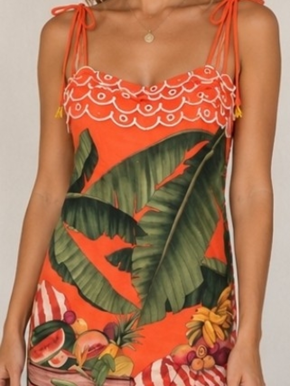 FARM Rio Orange Tropical Midi Dress with Green Leaf Print
